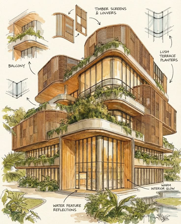 Concept sketch of timber terrace facade